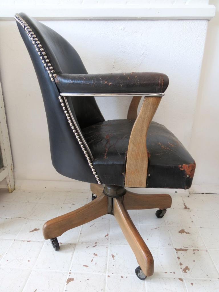 Vintage Industrial Art Deco Leather Swivel Office Chair with Oak Leg eBay