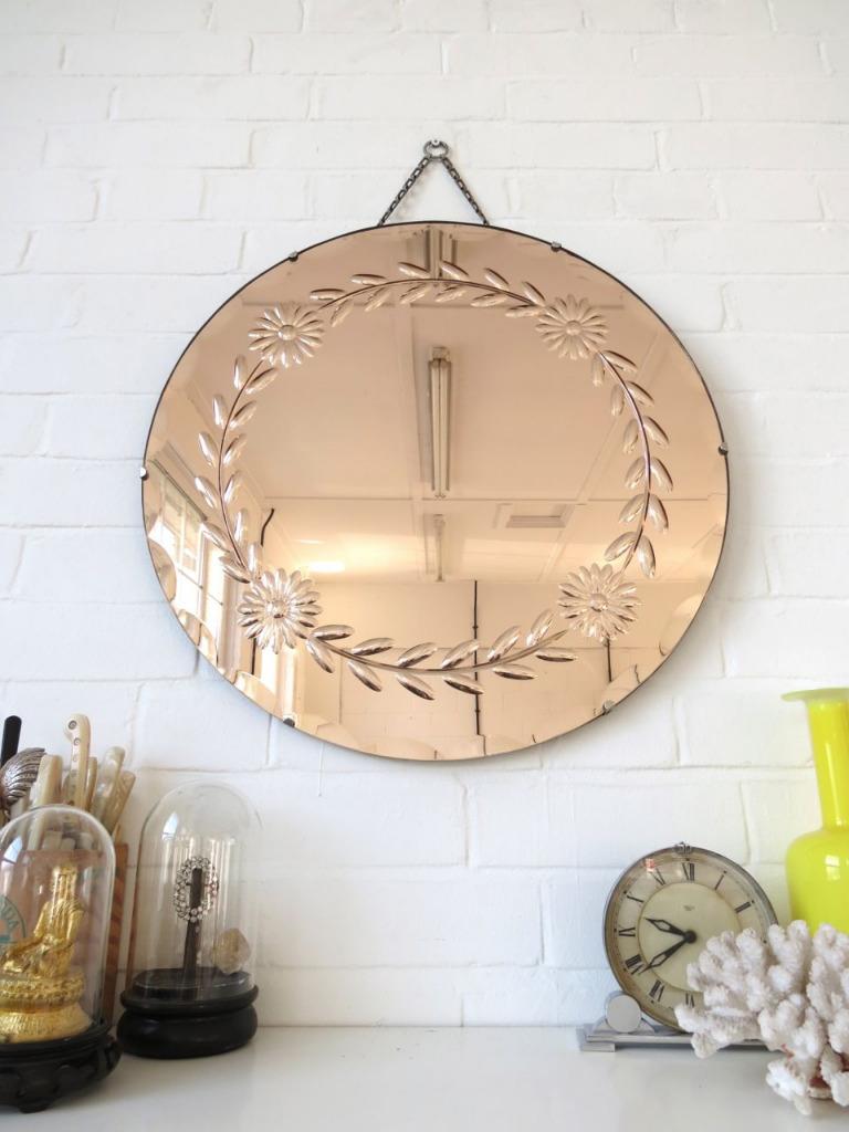 Vintage Large Round Art Deco Bevelled Edge Wall Mirror Engraved Pattern