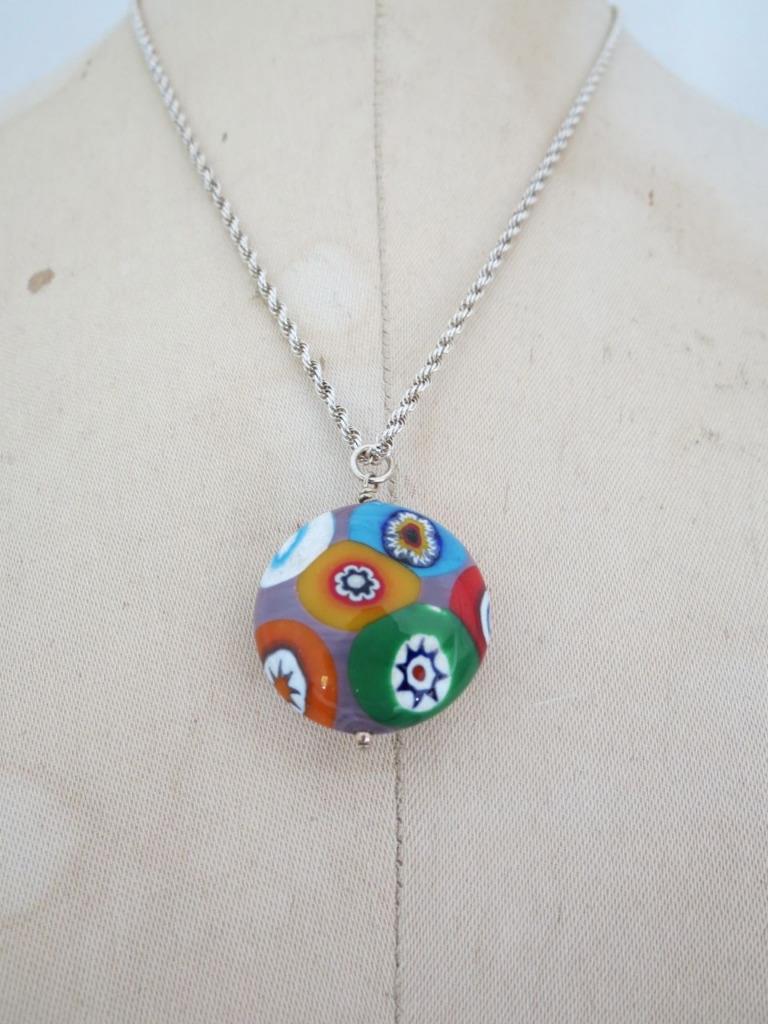 Vintage Murano Millefiori Large Glass Silver Pendant Necklace