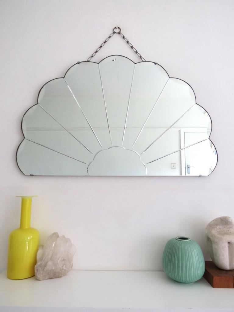 Vintage Art Deco Large Fan Shape Wall Mirror Frameless Bevelled Edge