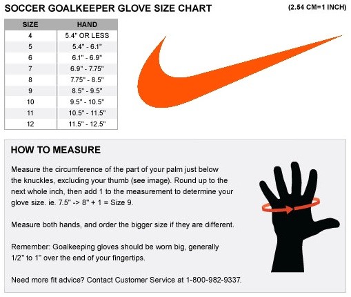 nike goalkeeper gloves size chart