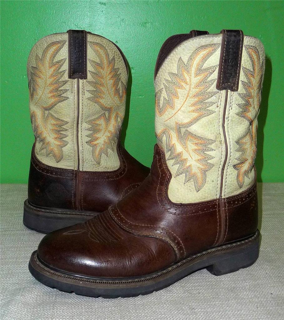 JUSTIN STAMPEDE 2-Tone Brown Leather Western Cowboy Roper Work Boots Women 9.5 B | eBay