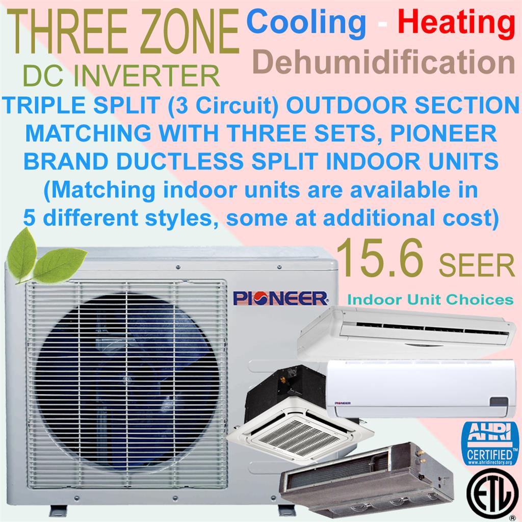 3 Zone TRIPLE Multi Split PIONEER 16 SEER INVERTER Mini Split Ductless