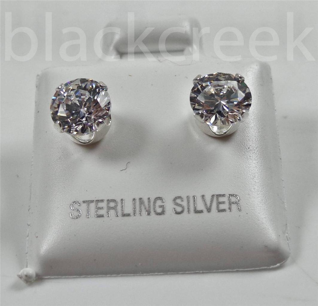 925 Sterling Silver ~ 6mm Round Sparkling Cubic Zirconia Solitaire Earrings - Picture 1 of 13