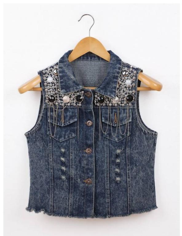 New Womens Sequin Bead Chain Denim Sleeveless Waist Jacket Outerwear