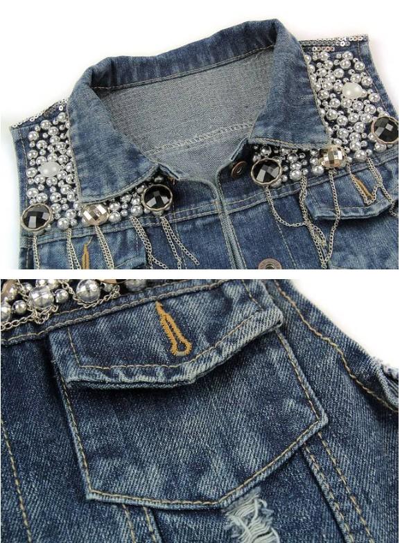 New Womens Sequin Bead Chain Denim Sleeveless Waist Jacket Outerwear