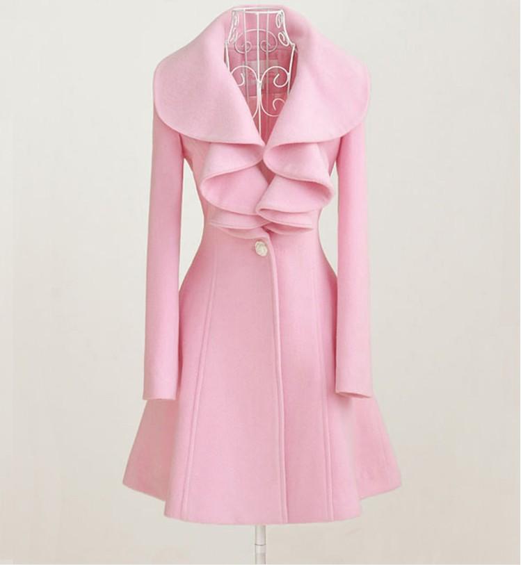 Deluxe Fashion women pink slim fit trench long coat wool blend jacket Outerwear