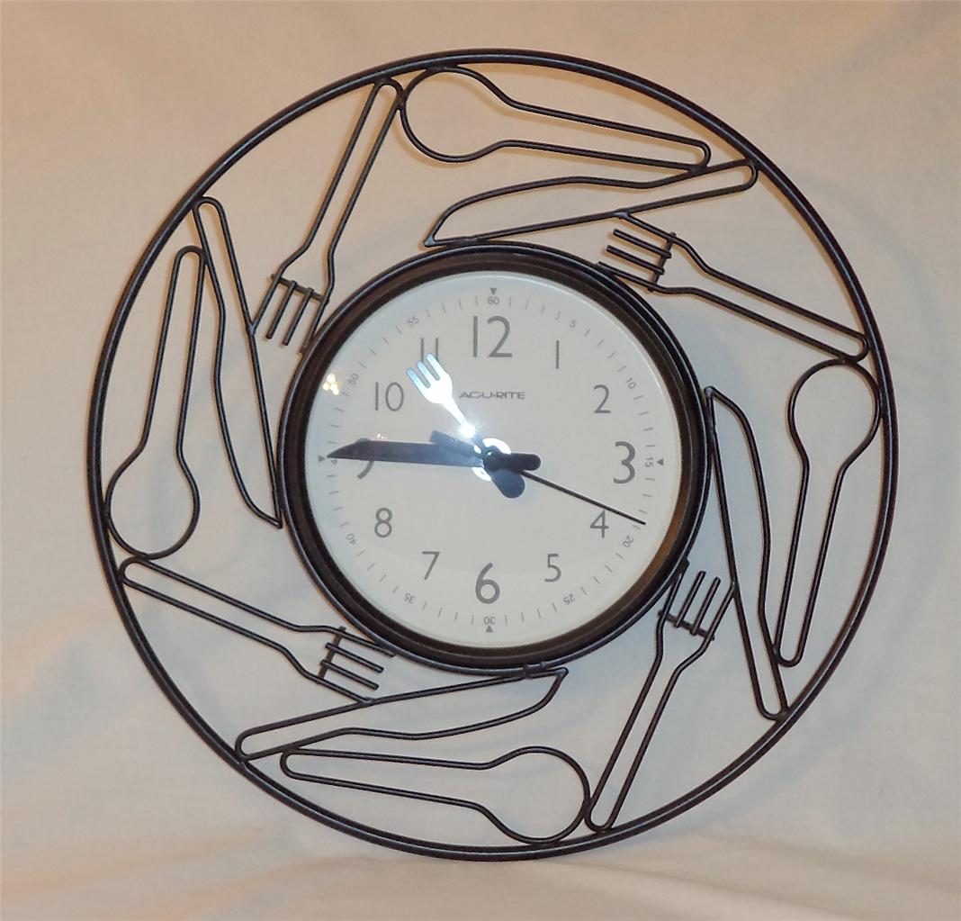ACURITE BLACK METAL SILVERWARE KITCHEN WALL CLOCK KNIFE FORK SPOON