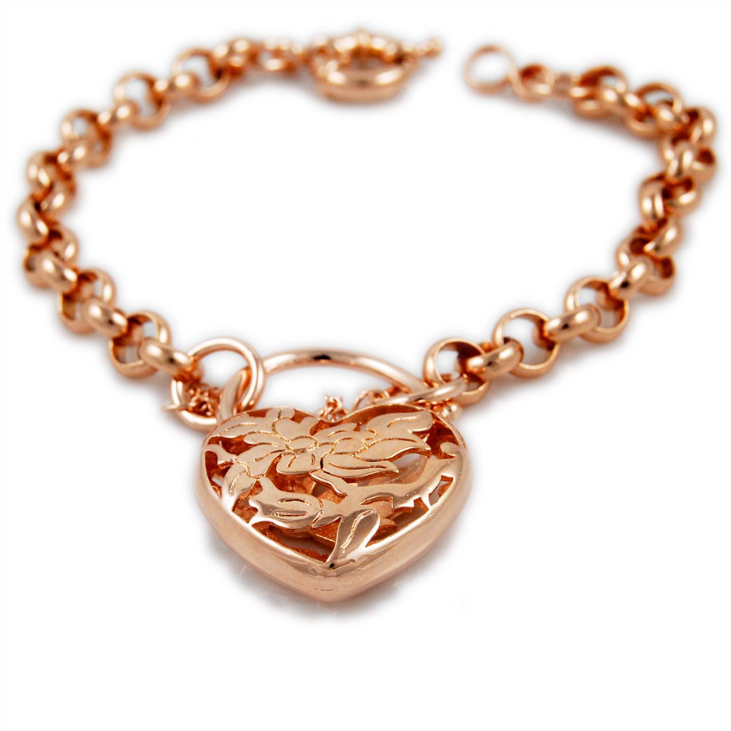 Rose Gold Filled Belcher Chain Bracelet Filigree Flower Padlock Heart