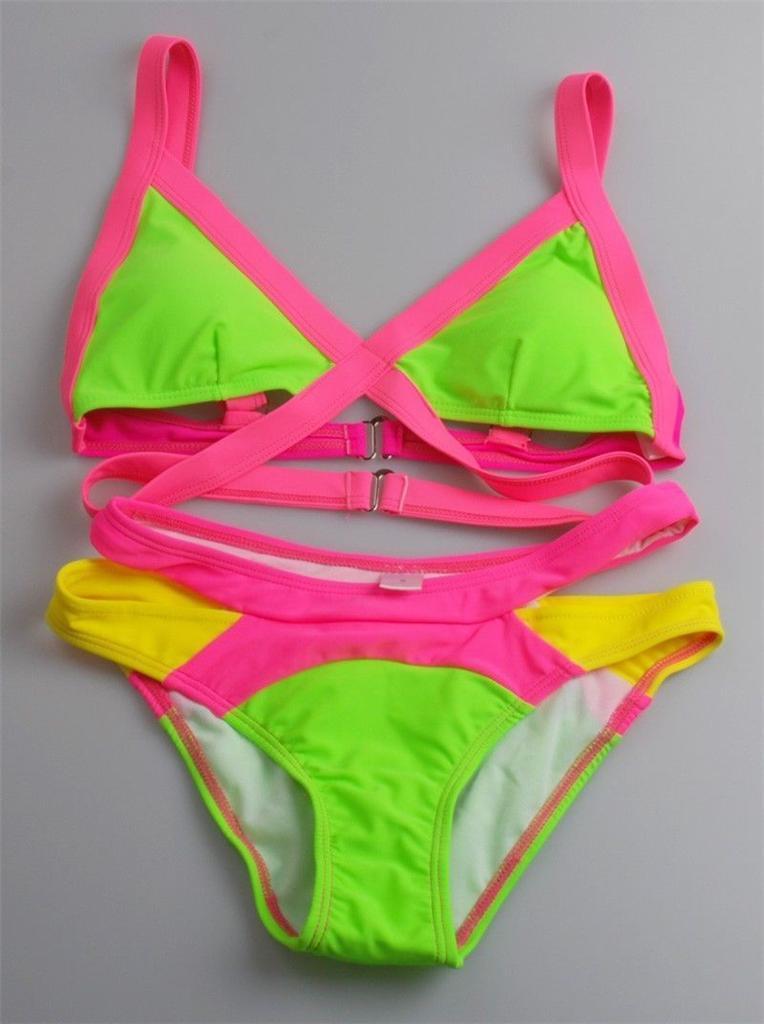 Women Lady Sexy Bandage Neon Bikini Set Padded Swimsuit Beachwear