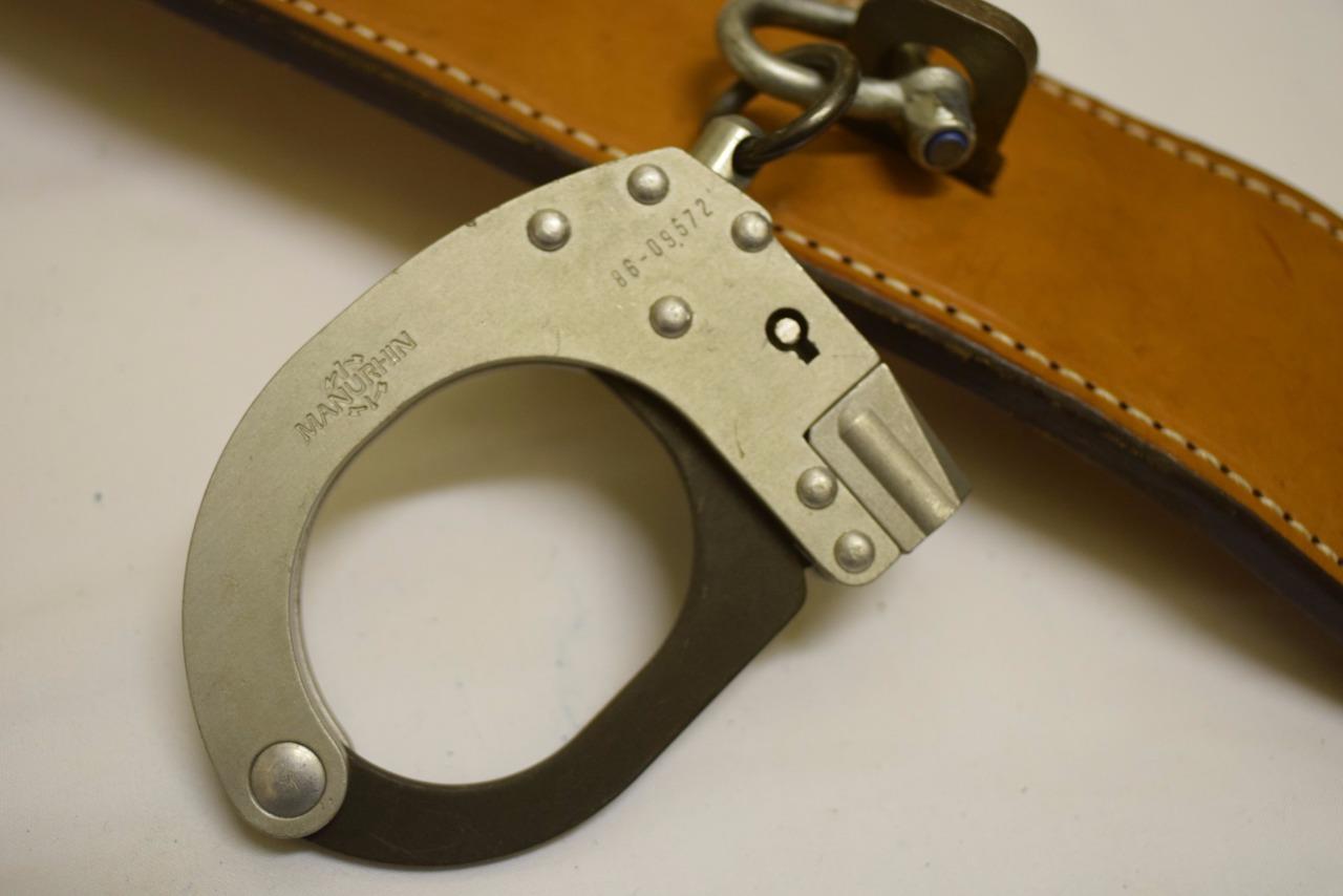 Vintage Ex Police Prisoner Restraint Belt Handcuffs Leather Belt Cuffs