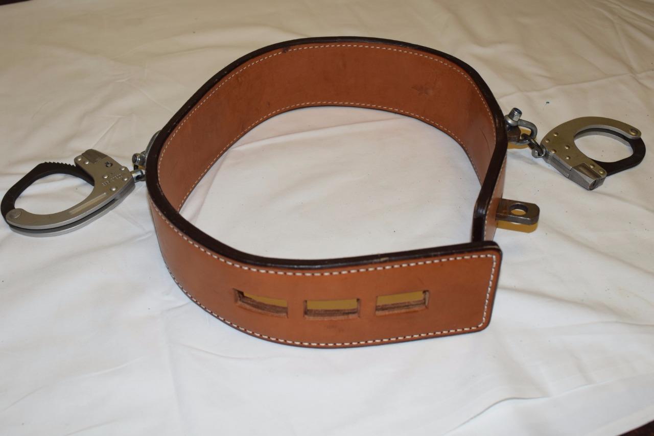 Vintage Ex Police Prisoner Restraint Belt Handcuffs Leather Belt Cuffs