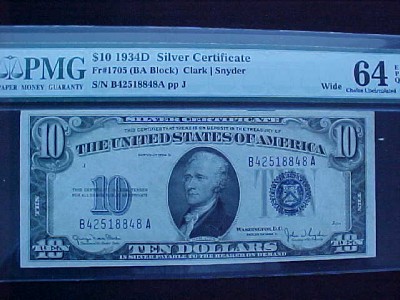 FR.1705 1934D $10 SILVER CERT PMG-64EPQ CH. NEW