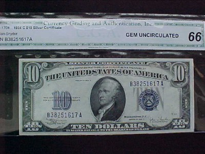 FR.1704 1934C $10 SILVER CERTI. CGA-66 GEM UNCIR..