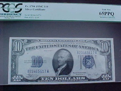 FR.1704 1934C $10 SILVER CERTI.  PCGS-65PPQ GEM NEW.