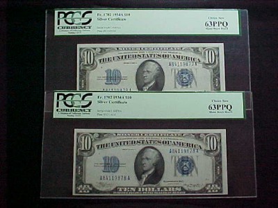 FR.1702 1934A $10 SILVER CERT PCGS-63PPQ CH. NEW(PAIR)