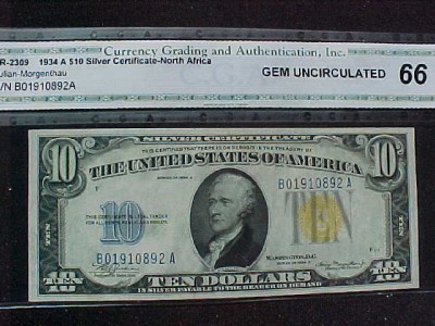 FR.2309 1934A $10 SILCERT NORTH AFRICA CGA-66 GEM UNCIR