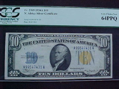 FR.2309 1934A $10 SILCERT. AFRICA PCGS-64PPQ CH UNCIR
