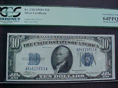 FR.1702 1934A $10 SILVER CERTI.  PCGS-64PPQ CH. NEW.