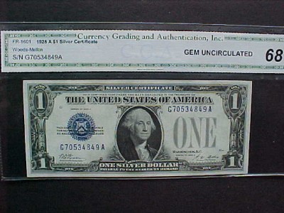 FR.1601 1928A $1 SILVER CERT CGA-68 GEM UNCIR