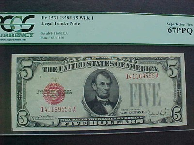 FR.1531 1928F $5 LTN   RED SEAL  PCGS-67PPQ SUPGEM UNC