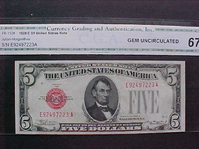 FR.1528 1928C $5 LTN   RED SEAL  CGA-67 SUPGEM UNC