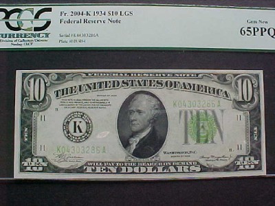 FR.2004-K 1934 $10 FED RES NOTE LGS PCGS-65PPQ GEM UNC