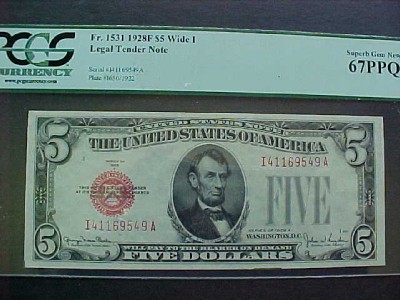 FR.1531 1928F $5 LTN   RED SEAL  PCGS-67PPQ SUPGEM UNC