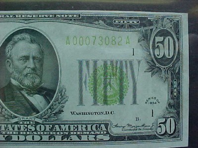 FR.2102-A 1934 $50 FED RES NOTE LGS PCGS-63PPQ CH UNC