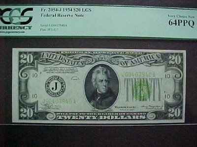 FR.2054-J 1934 $20 FED RES NOTE LGS PCGS-64PPQ CH UNC