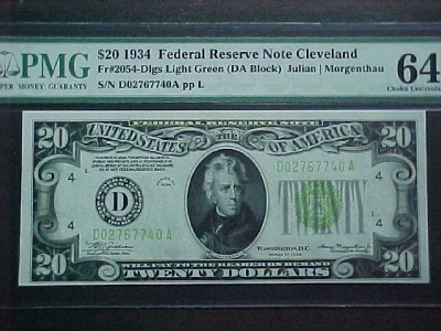 FR.2054-D 1934 $20 FED RES NOTE LGS PMG-64EPQ CH UNC