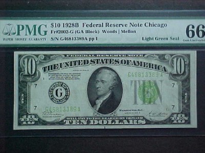 FR.2002-G 1928B $10 FED RES NOTE LGS PMG-66EPQ GEM UNC