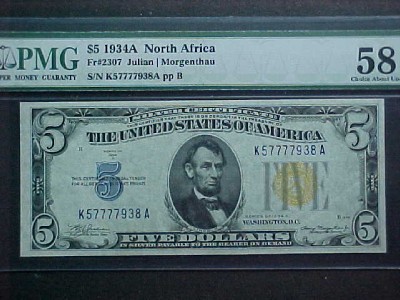 FR.2307 1934A $5 SILCERT AFRICA PMG-58EPQ ABT UNCIR