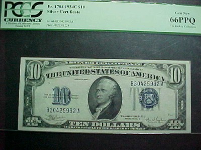 FR.1704 1934C $10 SILVER CERTI.  PMG-66PPQ GEM. UNC.