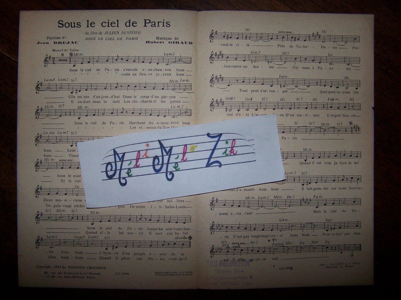 partition ancienne Sous le ciel de Paris DREJAC GIRAUD Anny GOULD