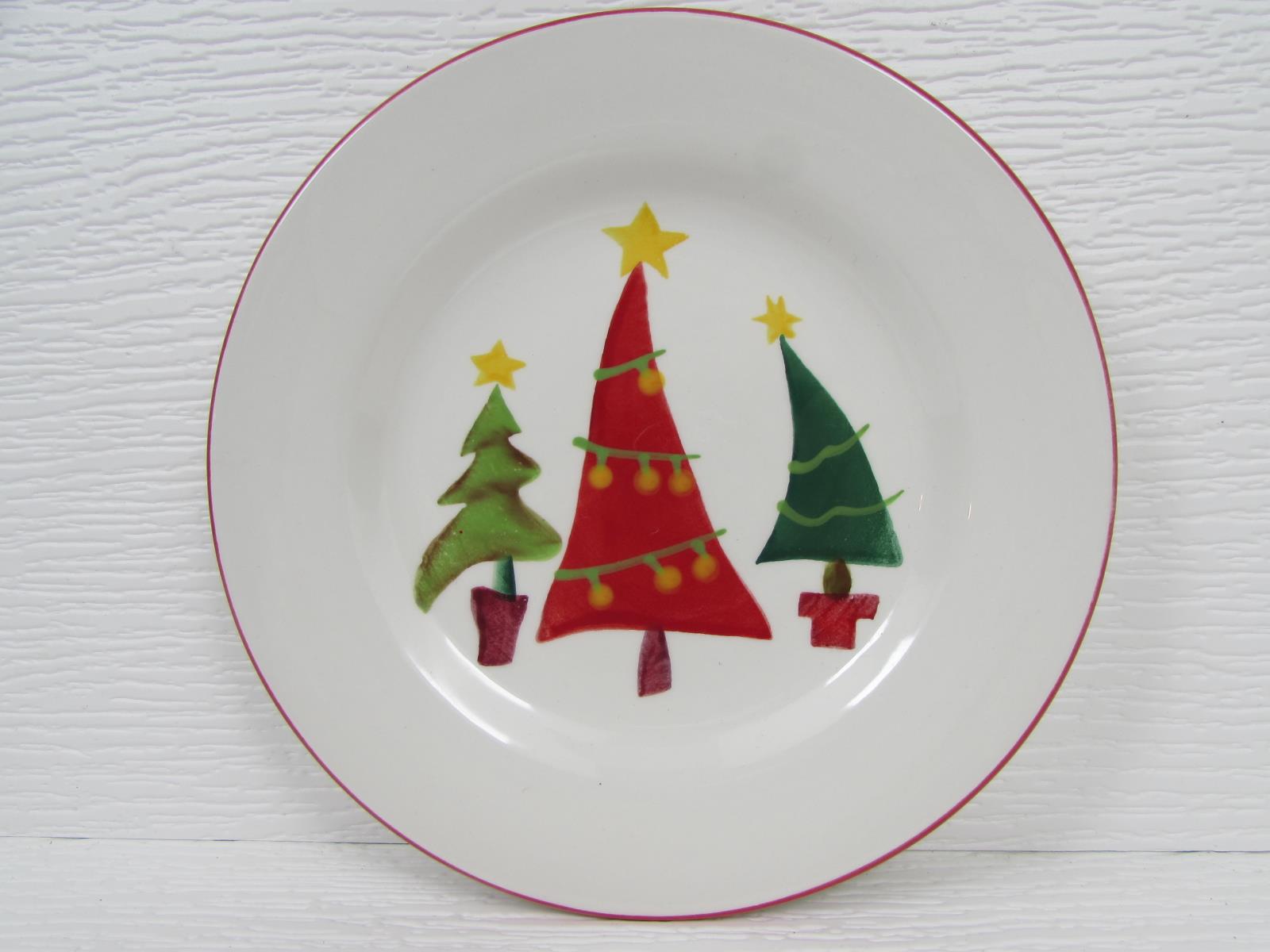 Crofton Salad Plate Christmas Trees Ornaments Stars On White Red Trim S153 
