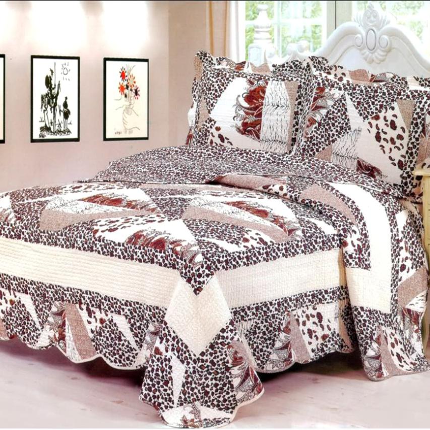 3PC Cotton Leopard Animal Print Bedspread Quilt Coverlet Set QUEEN Bed