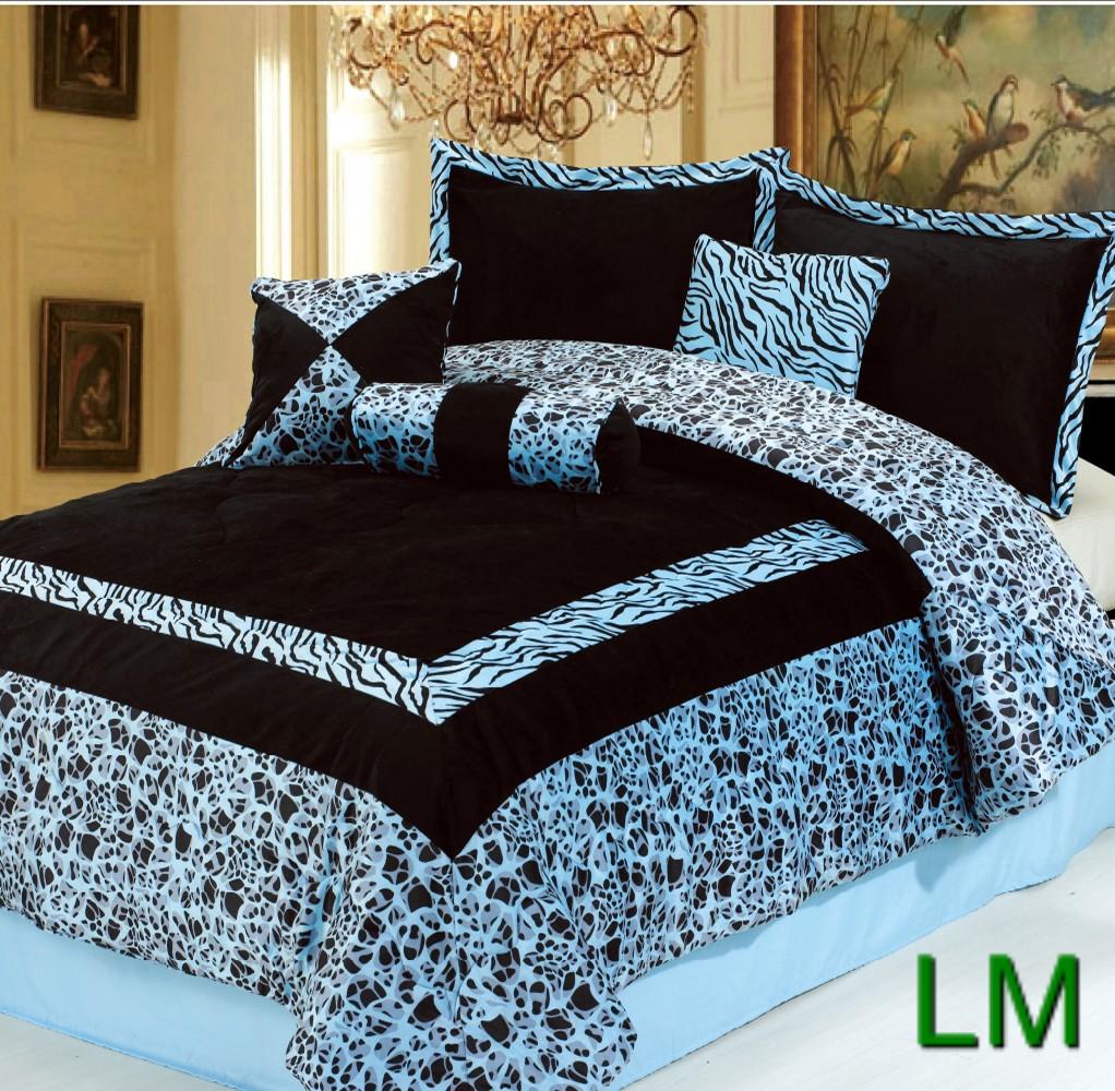 7pc New Blue Faux Fur Zebra Animal Print Comforter Set King