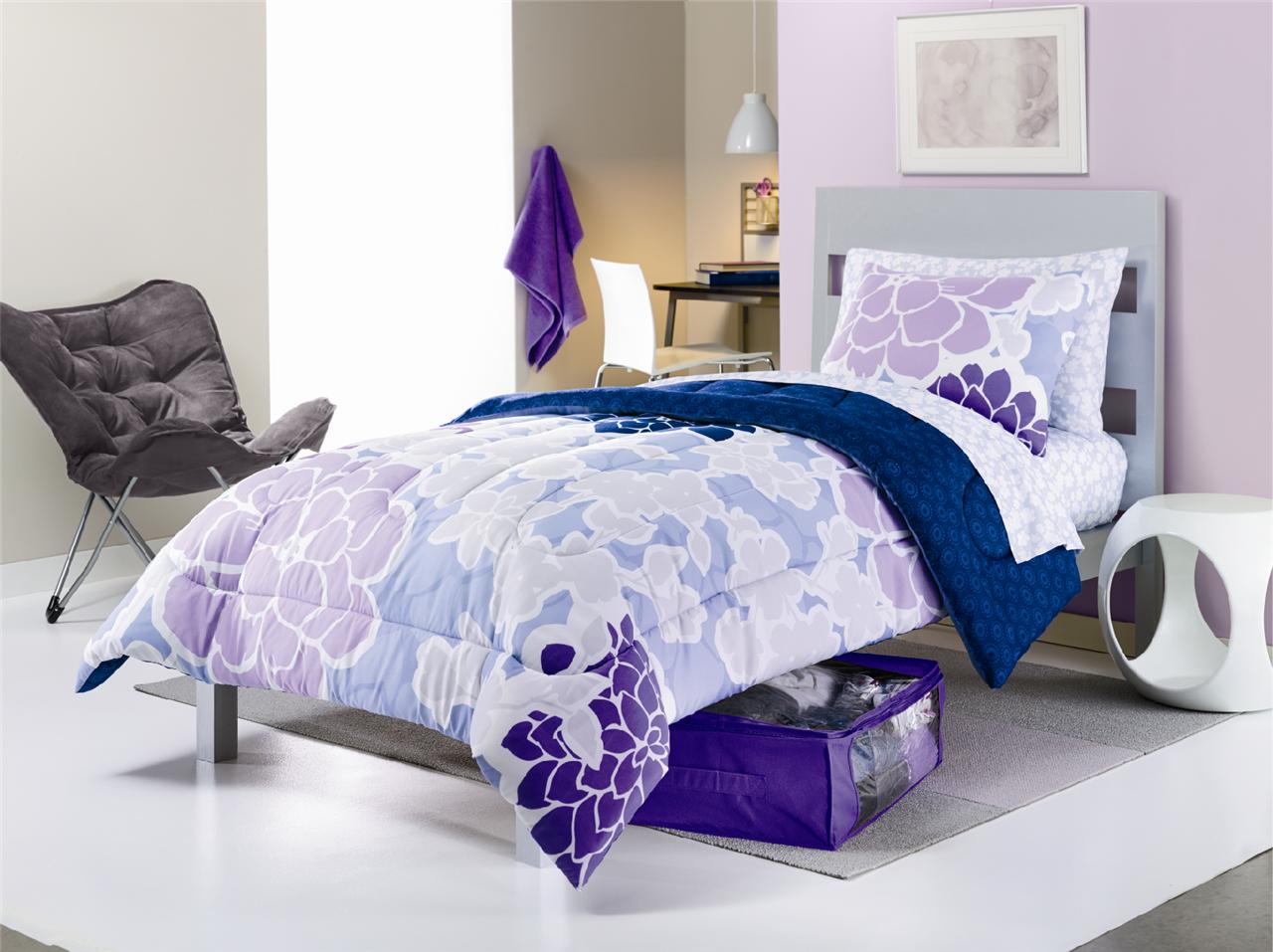 8 Pieces Purple & Blue Katelyn Flowers TWIN XL Reversible Comforter Set