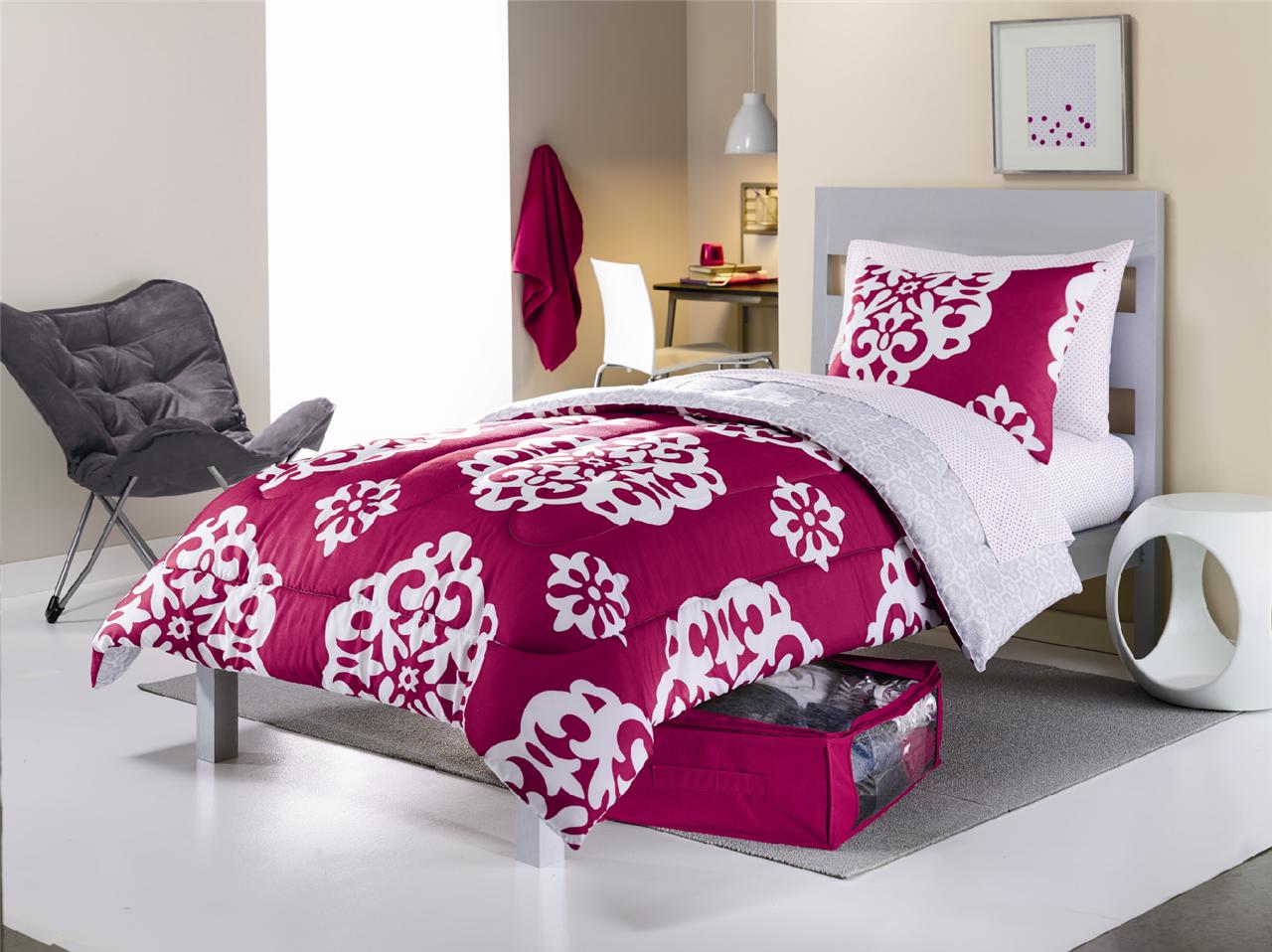 Hot Sale New 8 PC Hot Pink Flower Comforter Sheet Set and Towel Dorm