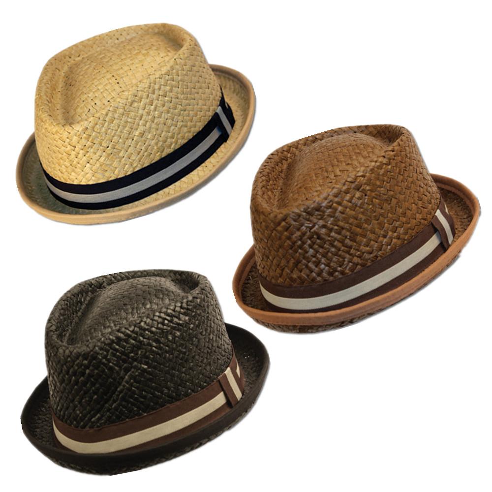 Unisex Man Straw Flat Top Pork Pie Hat Upturn Short Brim Fedora Band