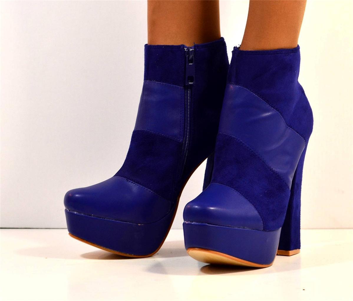 NEW Ladies Size UK 4 Cobalt Blue suede Block High Heel Platform Ankle