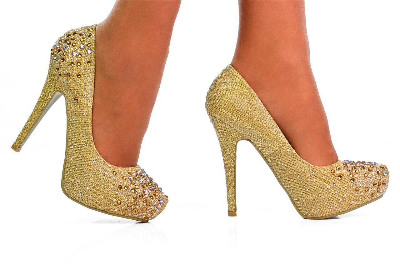 Ladies Gold Multicolour Crystal Sparkly Platform High Heels Evening