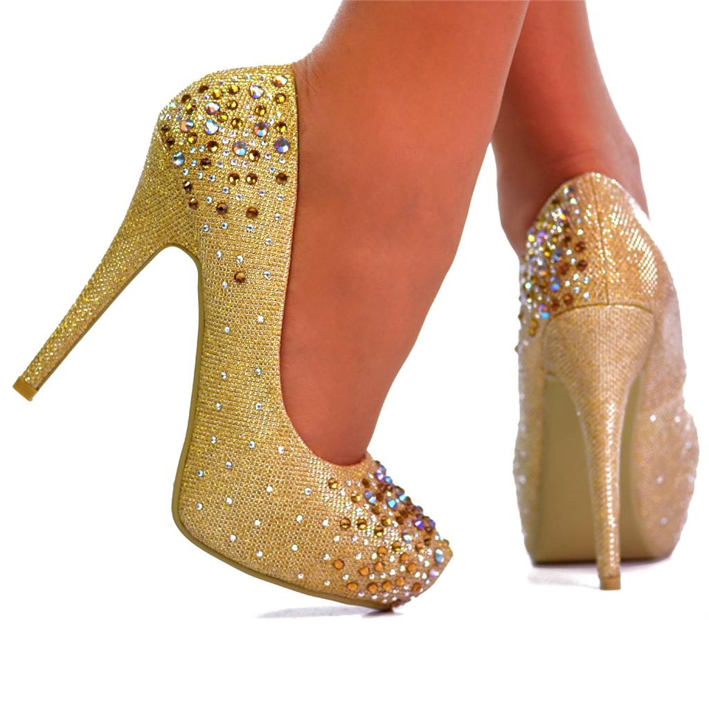 Ladies Gold Multicolour Crystal Sparkly Platform High Heels Evening ...
