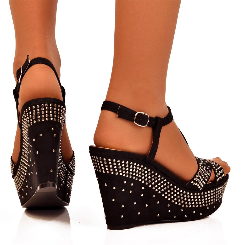 Ladies Size UK 5 Black Sparkly Strappy Chunky Sole Platform Wedges Low Heel Shoe