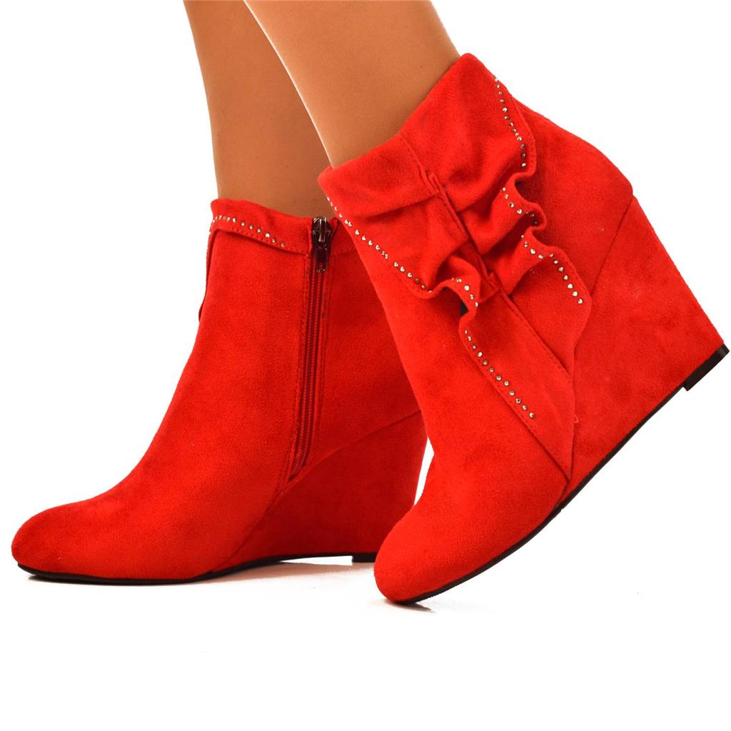 omens Bright RED Wedge Booties MID Heel S