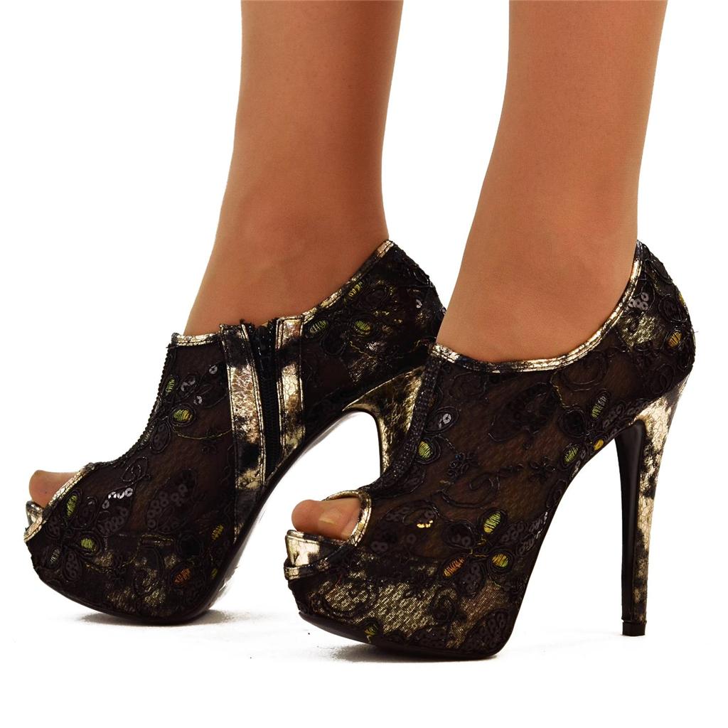 NEW Womens Size UK 8 Black Lace Sequin Shiny High Heel Shoes Peep Toe