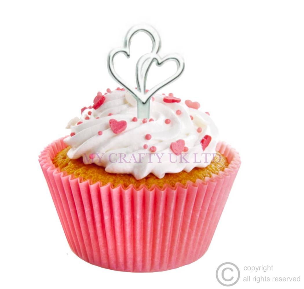 Wedding Cupcake Picks. 24 Count Double Silver Heart Love Cupcake Picks