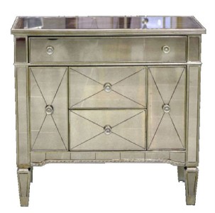 New Mirror Bedside Table with Antique Style Metalic Finish Trim 2 Door 