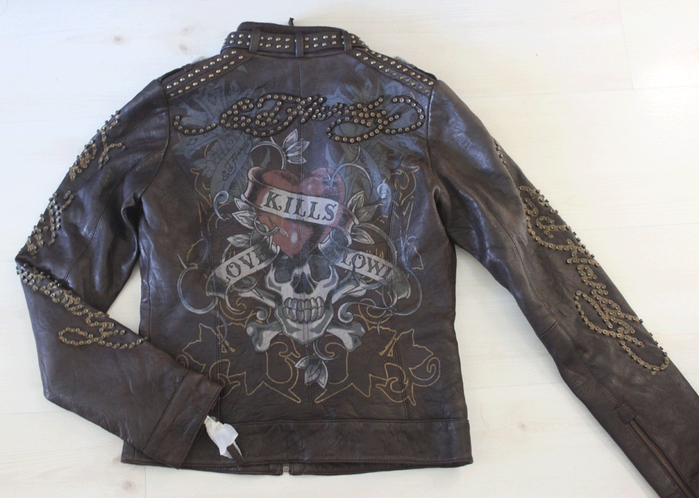 WOMEN RARE ED HARDY LEATHER JACKET LOVE KILLS SLOLWY SIZE M BIN eBay